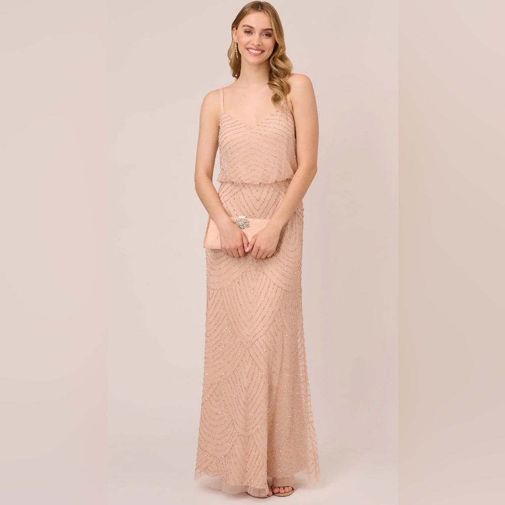 Adrianna Papell art deco beaded blouson gown in blush